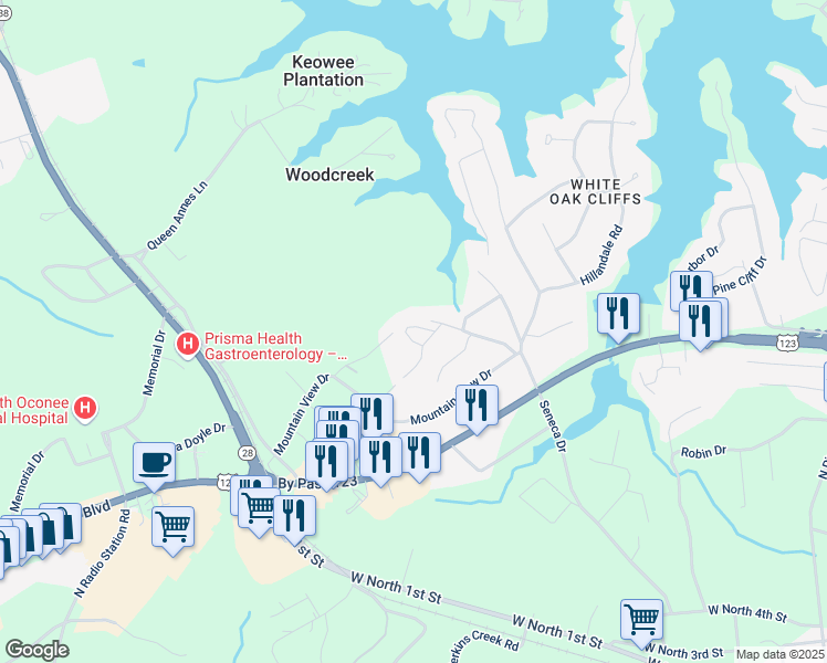 map of restaurants, bars, coffee shops, grocery stores, and more near 507 Sullivans Way in Seneca