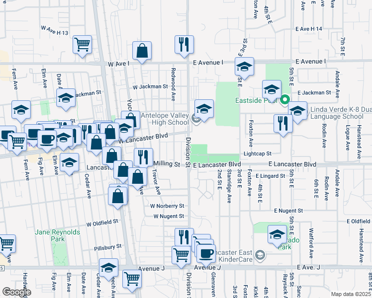 map of restaurants, bars, coffee shops, grocery stores, and more near 44839 Division Street in Lancaster