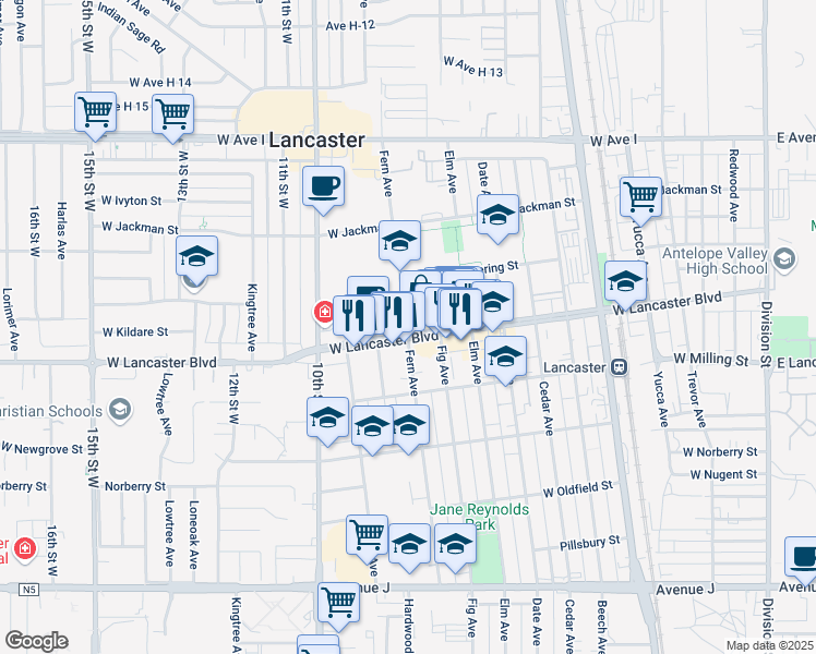 map of restaurants, bars, coffee shops, grocery stores, and more near 801 West Lancaster Boulevard in Lancaster