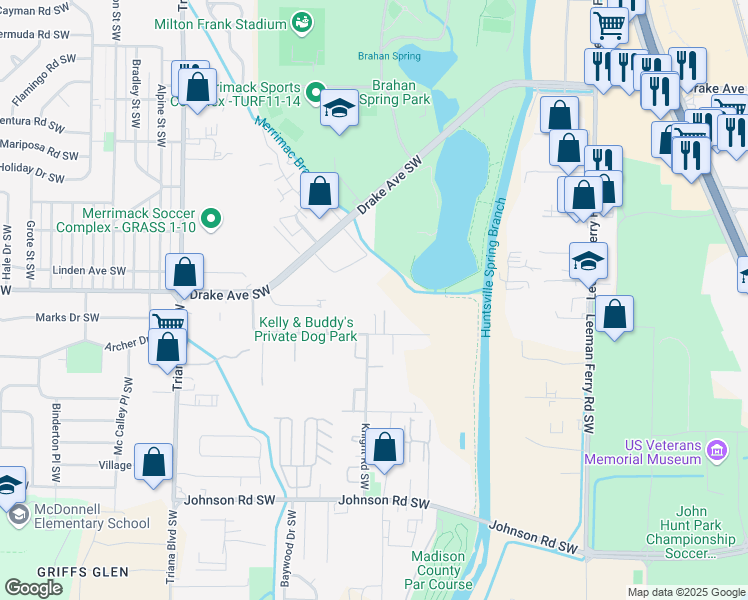 map of restaurants, bars, coffee shops, grocery stores, and more near 3900 Beacon Circle Southwest in Huntsville