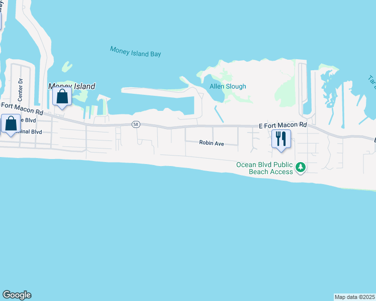 map of restaurants, bars, coffee shops, grocery stores, and more near 205 Dunes Avenue in Atlantic Beach