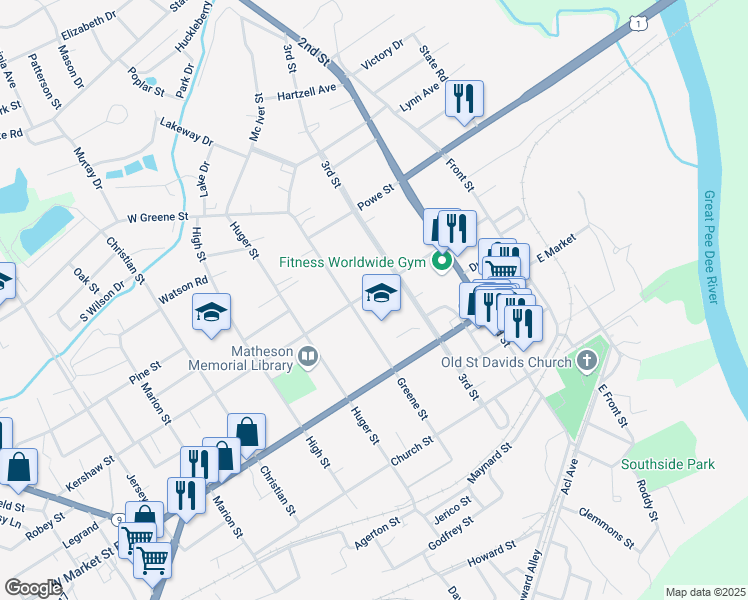 map of restaurants, bars, coffee shops, grocery stores, and more near 311 Kershaw Street in Cheraw