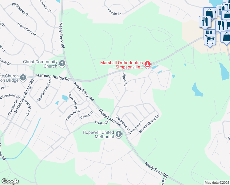 map of restaurants, bars, coffee shops, grocery stores, and more near 116 Hipps Road in Simpsonville