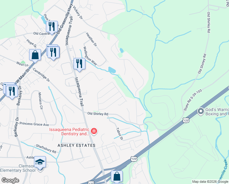 map of restaurants, bars, coffee shops, grocery stores, and more near 129 Smoke Rise Lane in Central