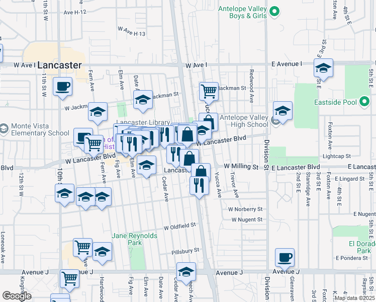 map of restaurants, bars, coffee shops, grocery stores, and more near 44849 Sierra Highway in Lancaster