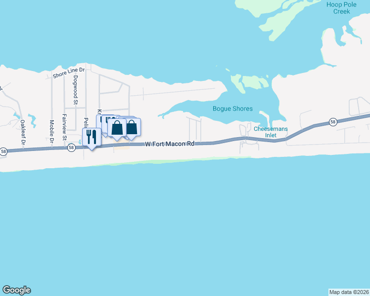 map of restaurants, bars, coffee shops, grocery stores, and more near 1701-2305 West Fort Macon Road in Atlantic Beach