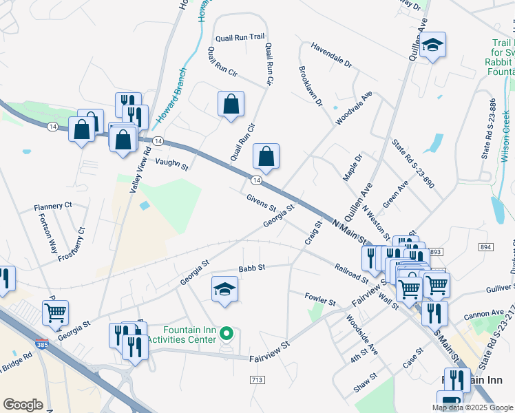 map of restaurants, bars, coffee shops, grocery stores, and more near 107A Givens Street in Fountain Inn
