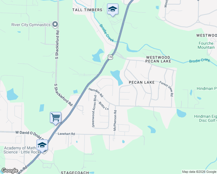 map of restaurants, bars, coffee shops, grocery stores, and more near 119 Bracey Lane in Little Rock