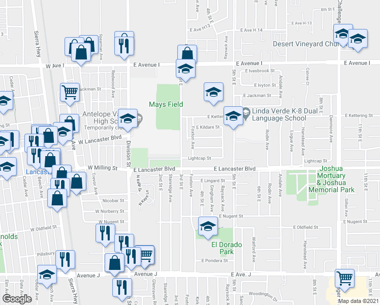 map of restaurants, bars, coffee shops, grocery stores, and more near 44839 Foxton Avenue in Lancaster