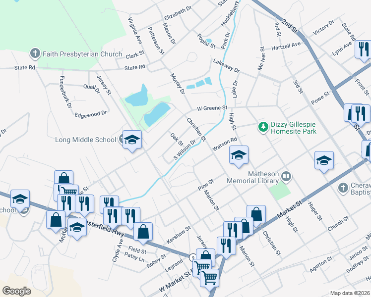 map of restaurants, bars, coffee shops, grocery stores, and more near 801 South Wilson Drive in Cheraw