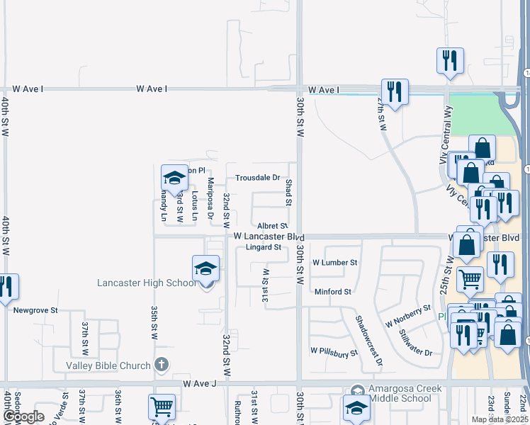 map of restaurants, bars, coffee shops, grocery stores, and more near 44844 Dusty Road in Lancaster