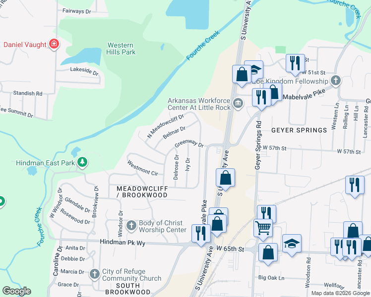 map of restaurants, bars, coffee shops, grocery stores, and more near 4 Ivy Drive in Little Rock