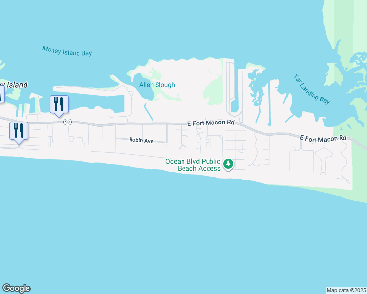 map of restaurants, bars, coffee shops, grocery stores, and more near 102 Gusty Wind Court in Atlantic Beach