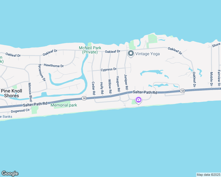 map of restaurants, bars, coffee shops, grocery stores, and more near 106 Willow Rd in Pine Knoll Shores