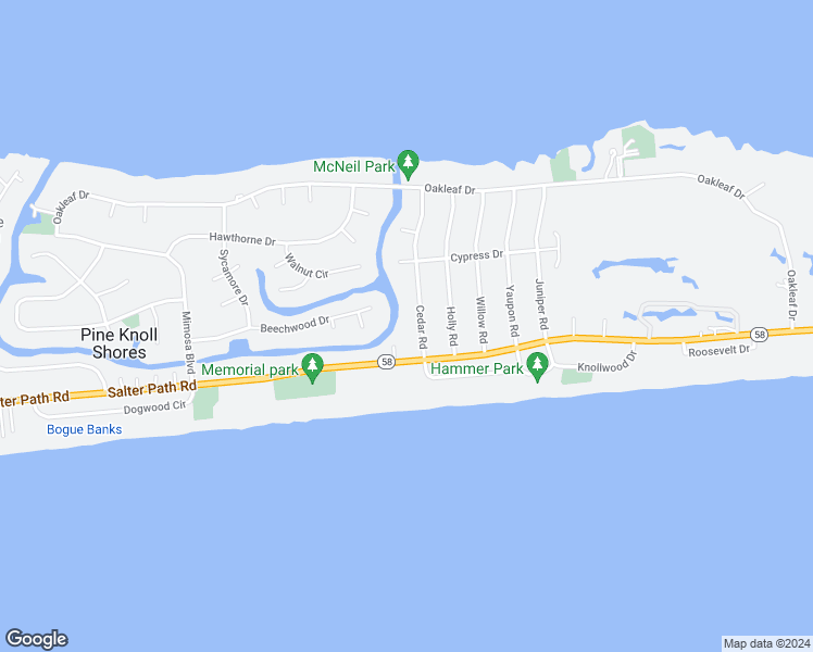 map of restaurants, bars, coffee shops, grocery stores, and more near 107 Cedar Road in Pine Knoll Shores