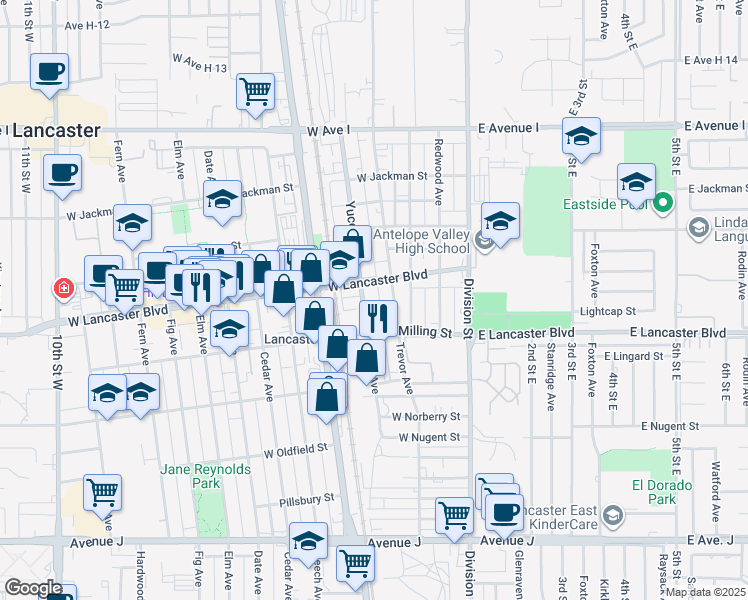 map of restaurants, bars, coffee shops, grocery stores, and more near 44839 Trevor Avenue in Lancaster