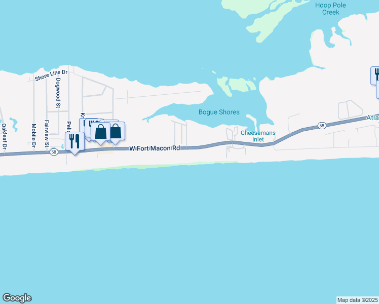 map of restaurants, bars, coffee shops, grocery stores, and more near 2111 West Fort Macon Road in Atlantic Beach