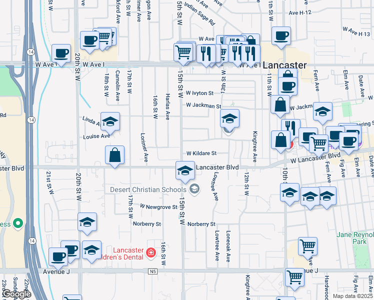 map of restaurants, bars, coffee shops, grocery stores, and more near 1353 West Kildare Street in Lancaster