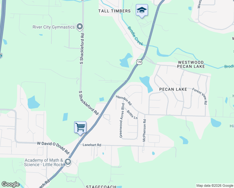 map of restaurants, bars, coffee shops, grocery stores, and more near 9820 Herndon Road in Little Rock