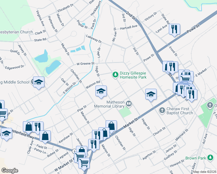 map of restaurants, bars, coffee shops, grocery stores, and more near 326 High Street in Cheraw