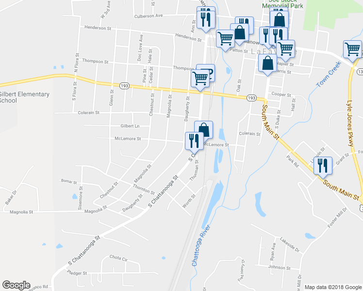 map of restaurants, bars, coffee shops, grocery stores, and more near 503 McLemore Street in LaFayette