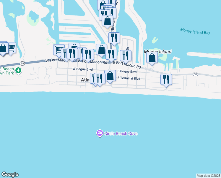 map of restaurants, bars, coffee shops, grocery stores, and more near 103 Atlantic Boulevard in Atlantic Beach