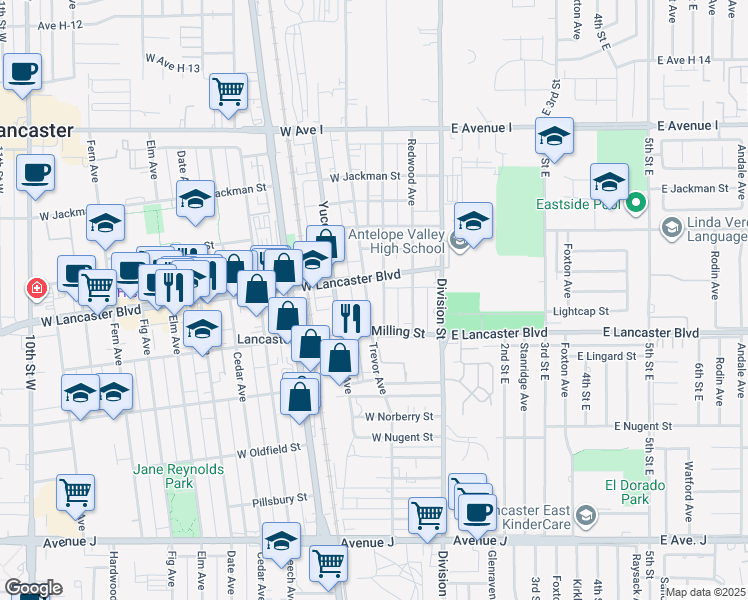 map of restaurants, bars, coffee shops, grocery stores, and more near 44836 Trevor Avenue in Lancaster