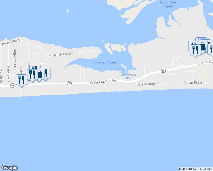 map of restaurants, bars, coffee shops, grocery stores, and more near 1917 West Fort Macon Road in Atlantic Beach