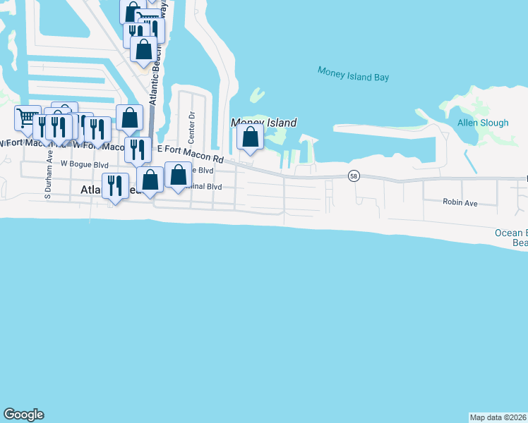 map of restaurants, bars, coffee shops, grocery stores, and more near 100-298 Caswell St in Atlantic Beach