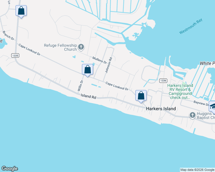 map of restaurants, bars, coffee shops, grocery stores, and more near 442 Cape Lookout Drive in Harkers Island