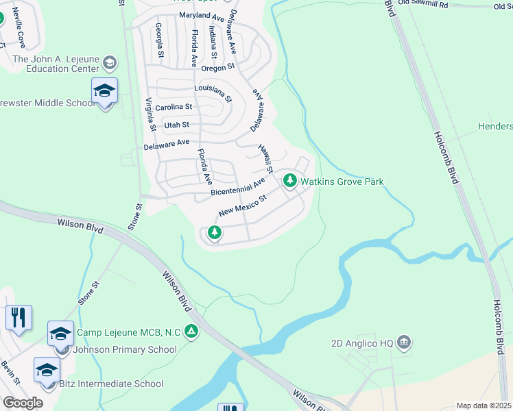 map of restaurants, bars, coffee shops, grocery stores, and more near 6743 New Mexico Street in Camp Lejeune