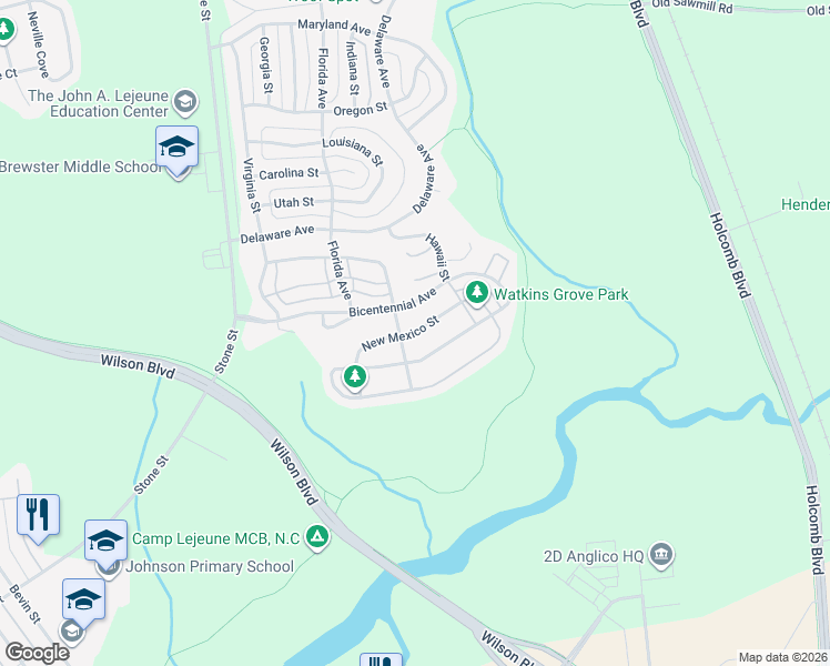 map of restaurants, bars, coffee shops, grocery stores, and more near 6747 New Mexico Street in Camp Lejeune