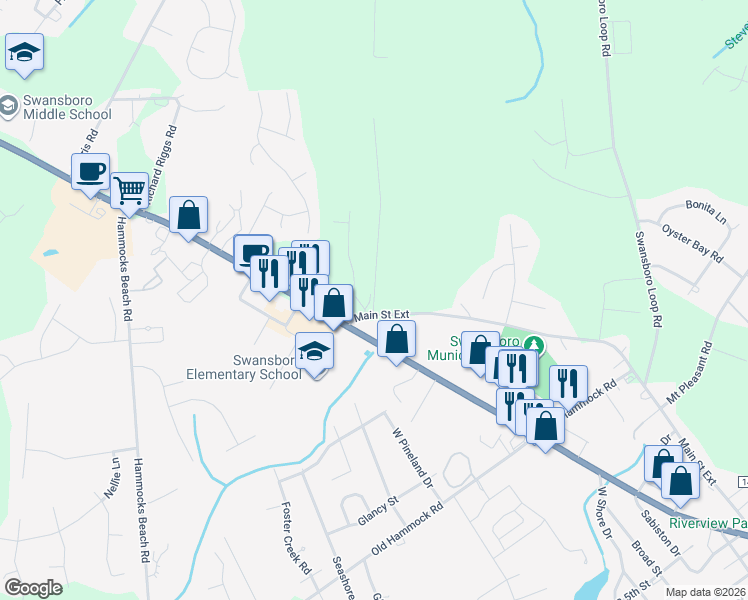 map of restaurants, bars, coffee shops, grocery stores, and more near 111 Hamrick Road in Swansboro
