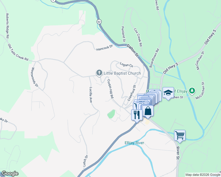 map of restaurants, bars, coffee shops, grocery stores, and more near 4 Corbin Hill Road in Ellijay
