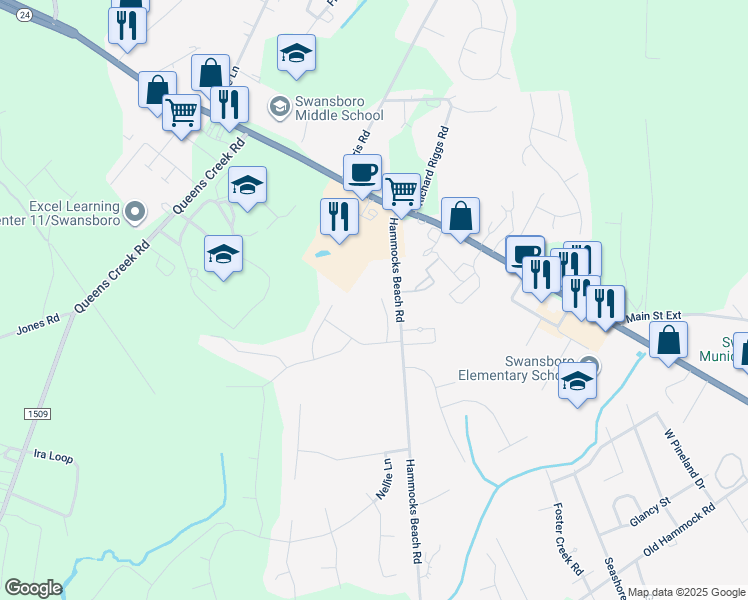 map of restaurants, bars, coffee shops, grocery stores, and more near 213 Spoonbill Court in Swansboro