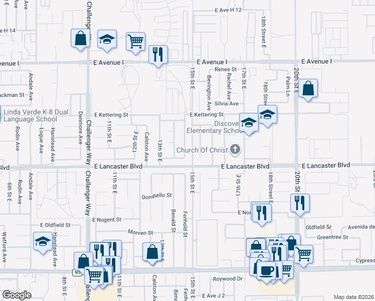 map of restaurants, bars, coffee shops, grocery stores, and more near 44828 Fenhold Street in Lancaster