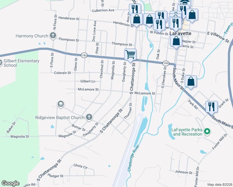 map of restaurants, bars, coffee shops, grocery stores, and more near 503 McLemore Street in LaFayette