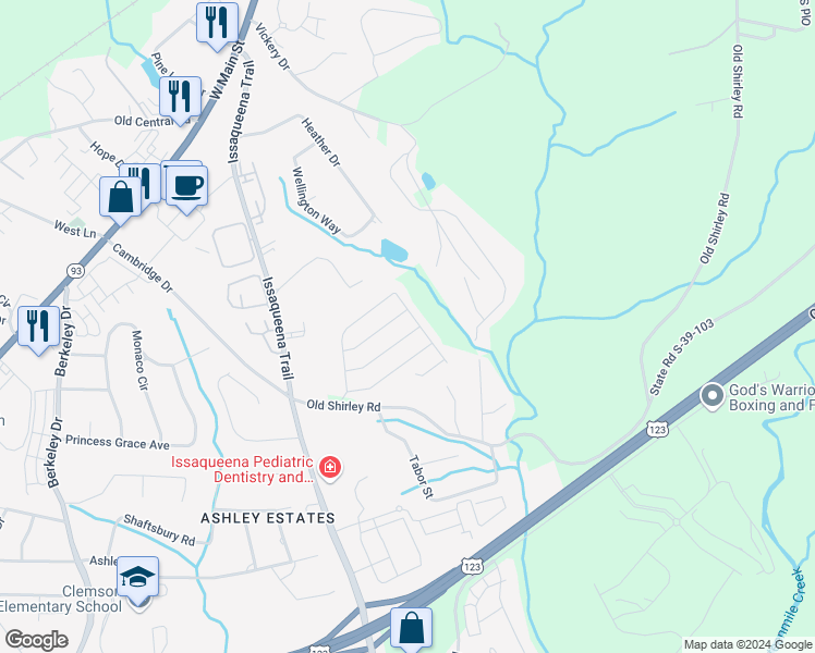map of restaurants, bars, coffee shops, grocery stores, and more near 131 Smoke Rise Lane in Central