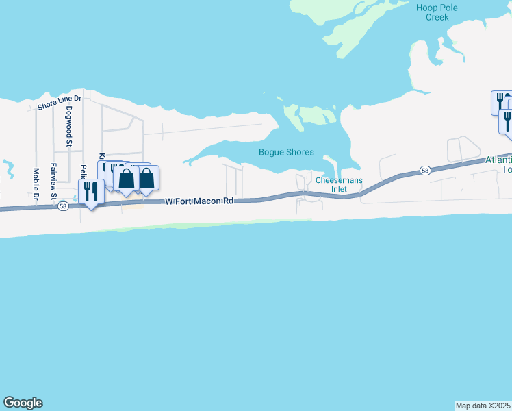 map of restaurants, bars, coffee shops, grocery stores, and more near 2111 West Fort Macon Road in Atlantic Beach
