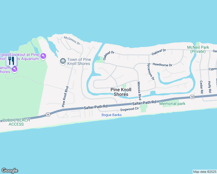 map of restaurants, bars, coffee shops, grocery stores, and more near 132 Loblolly Drive in Pine Knoll Shores
