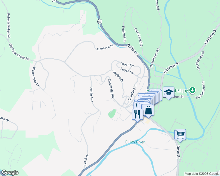 map of restaurants, bars, coffee shops, grocery stores, and more near 4-1208 Corbin Hill Road in Ellijay