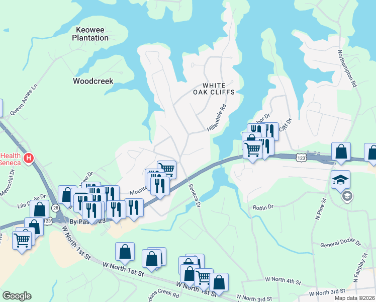 map of restaurants, bars, coffee shops, grocery stores, and more near 301 Oak Branch Court in Seneca