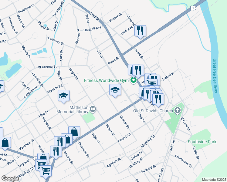 map of restaurants, bars, coffee shops, grocery stores, and more near 311 Kershaw Street in Cheraw