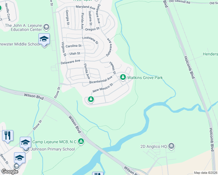map of restaurants, bars, coffee shops, grocery stores, and more near 6741 New Mexico Street in Camp Lejeune