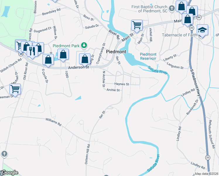 map of restaurants, bars, coffee shops, grocery stores, and more near 5 North Archie Street in Piedmont