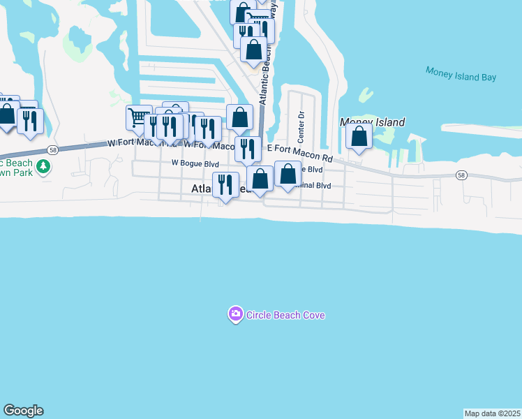 map of restaurants, bars, coffee shops, grocery stores, and more near 103 Atlantic Boulevard in Atlantic Beach