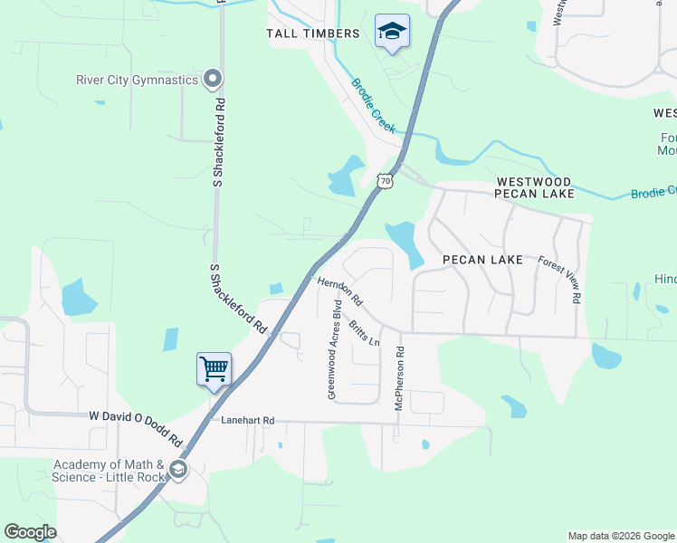 map of restaurants, bars, coffee shops, grocery stores, and more near 3 Bracey Circle in Little Rock