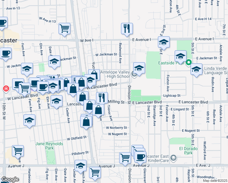 map of restaurants, bars, coffee shops, grocery stores, and more near 44838 Spearman Avenue in Lancaster