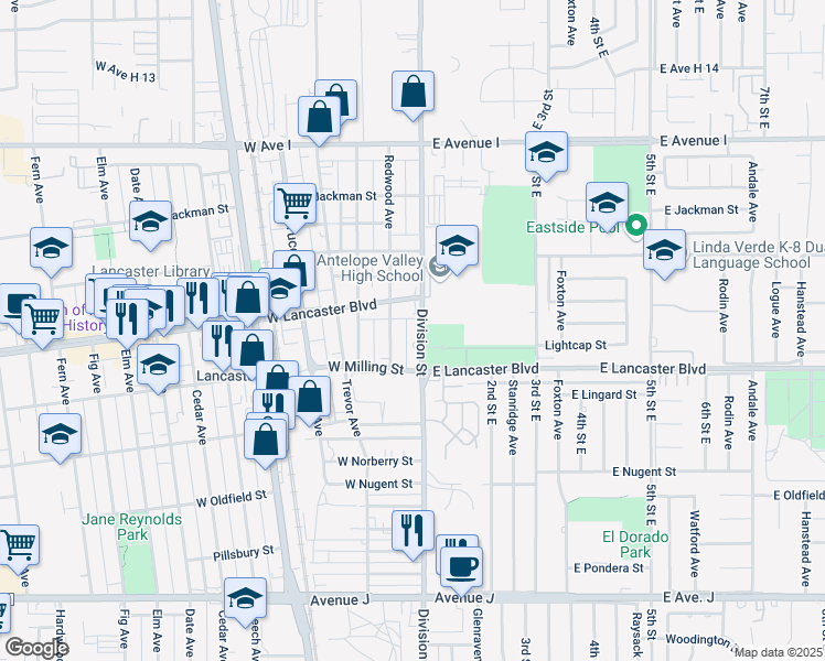 map of restaurants, bars, coffee shops, grocery stores, and more near 44843 Division Street in Lancaster