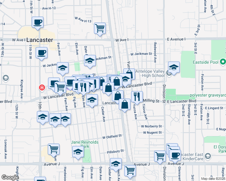 map of restaurants, bars, coffee shops, grocery stores, and more near 44849 Sierra Highway in Lancaster